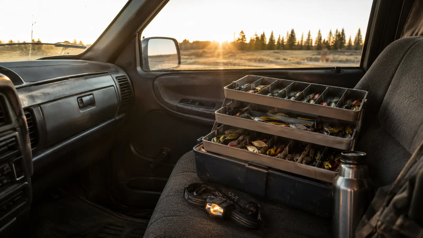 A three-tray tackle box riding on the passenger seat of an old pickup truck beside a headlamp at dawn, treeline visible through the windshield