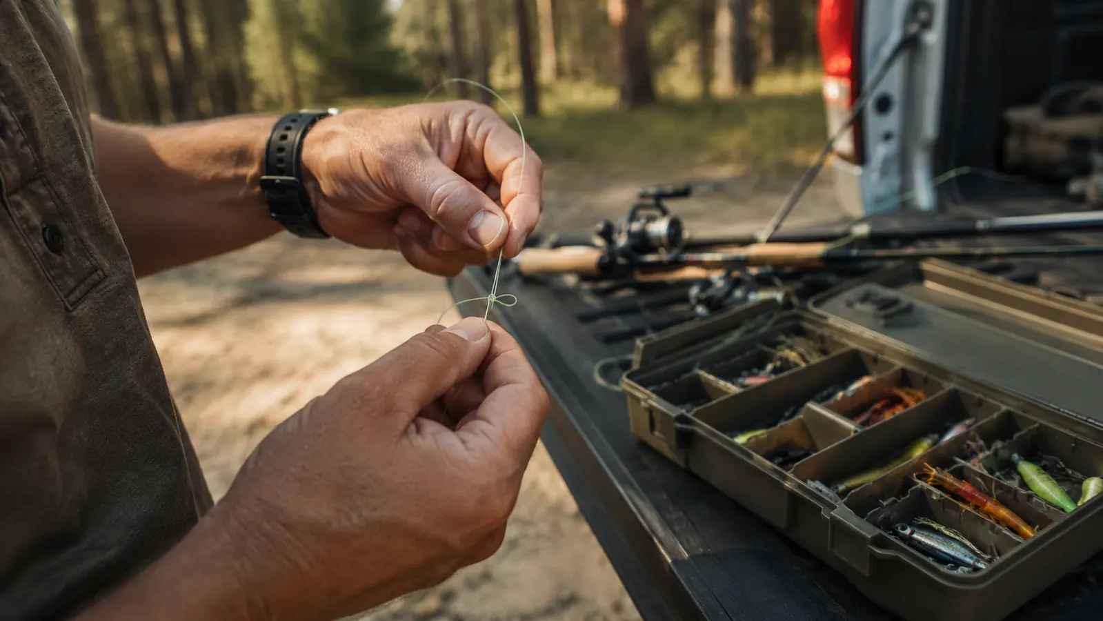 Hands tying a knot in braided fishing line beside an open tackle box on a truck tailgate