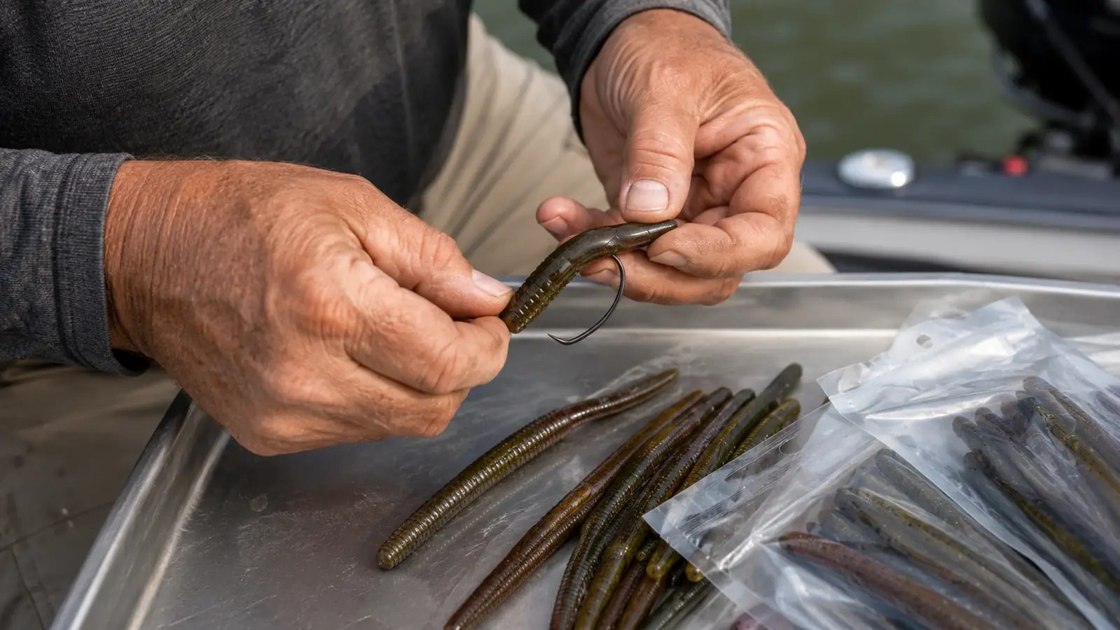 Hands rigging a soft plastic worm onto a wide-gap hook over a tackle tray