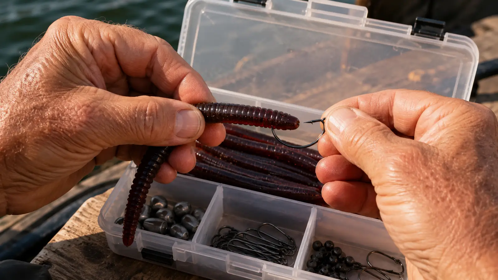 A hand threading a soft plastic worm onto a wide-gap offset hook over an open tackle box on a boat deck.