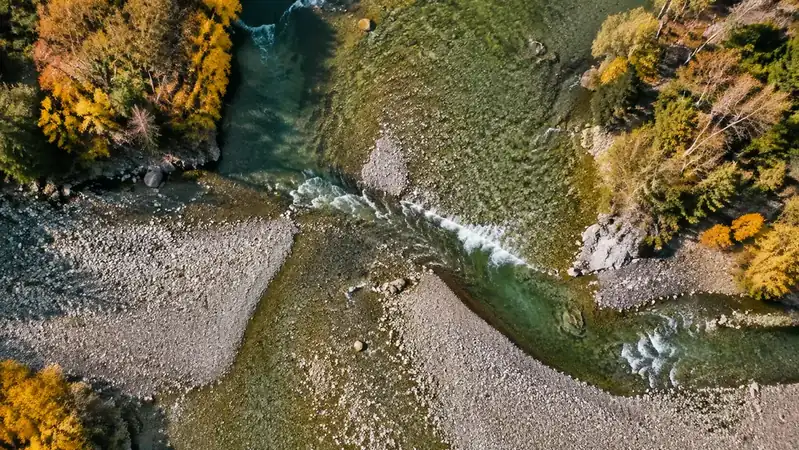 Aerial view of a river flat where a feeder creek cuts a darker, deeper channel across a gravel bar