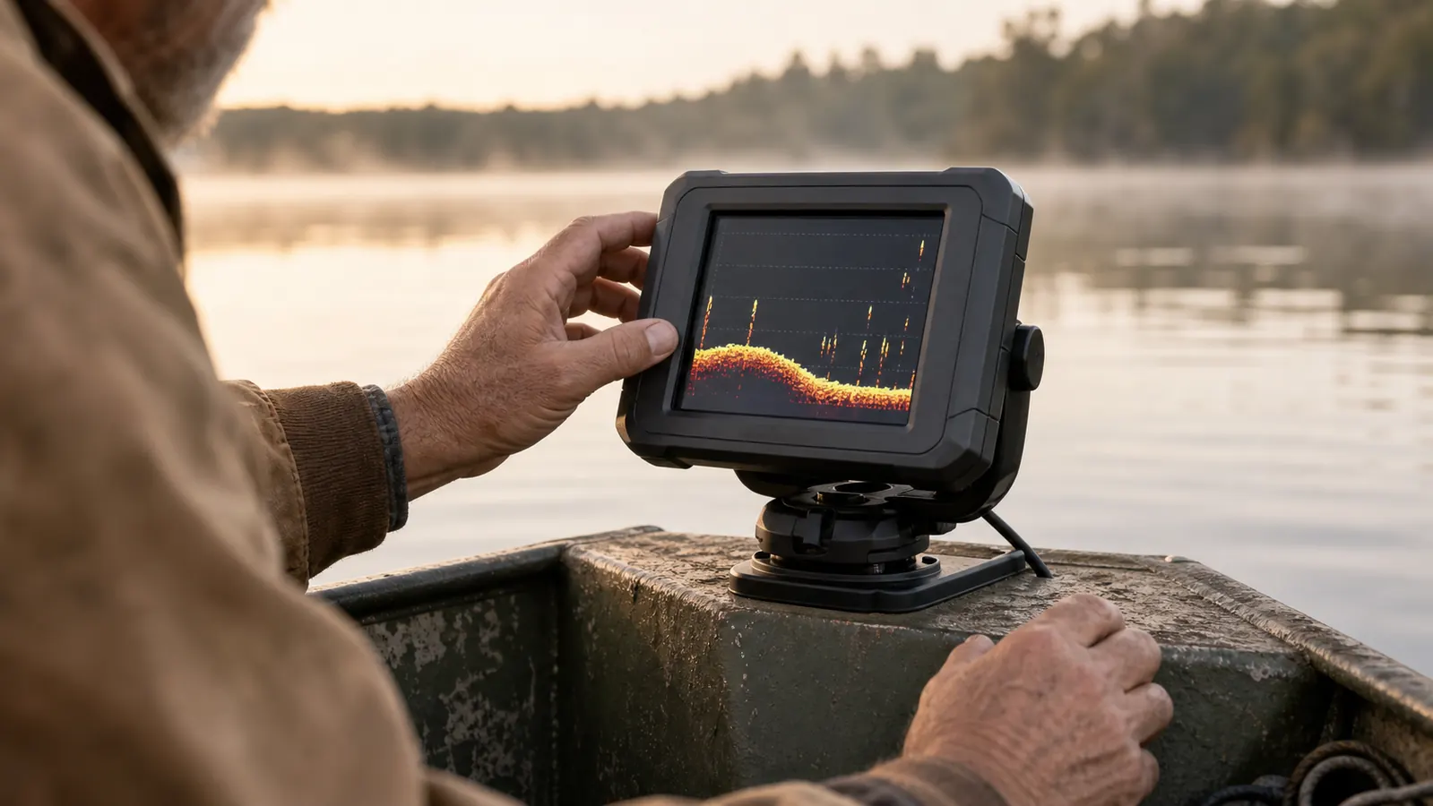 An angler's hand adjusting a compact fish finder mounted on the bow of a small boat