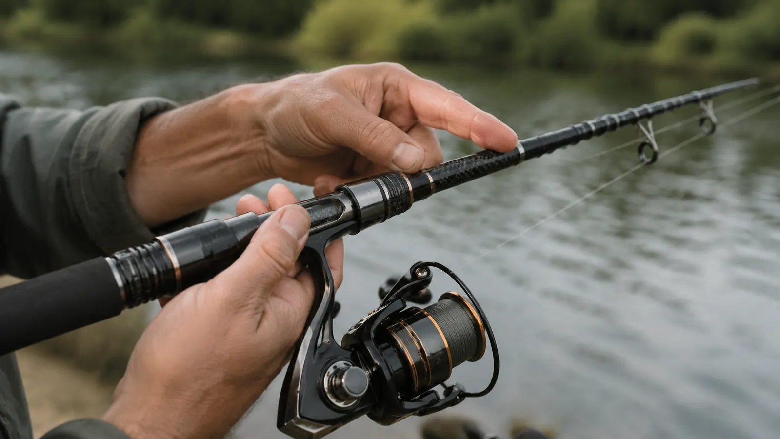 Close view of an angler's hand on the reel, index finger pinning the fishing line against the rod before the cast