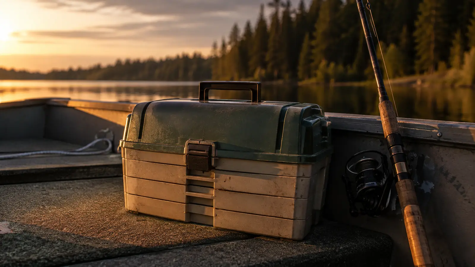 A closed tackle box sitting on the deck of a small fishing boat at golden hour, calm water and a treeline behind it