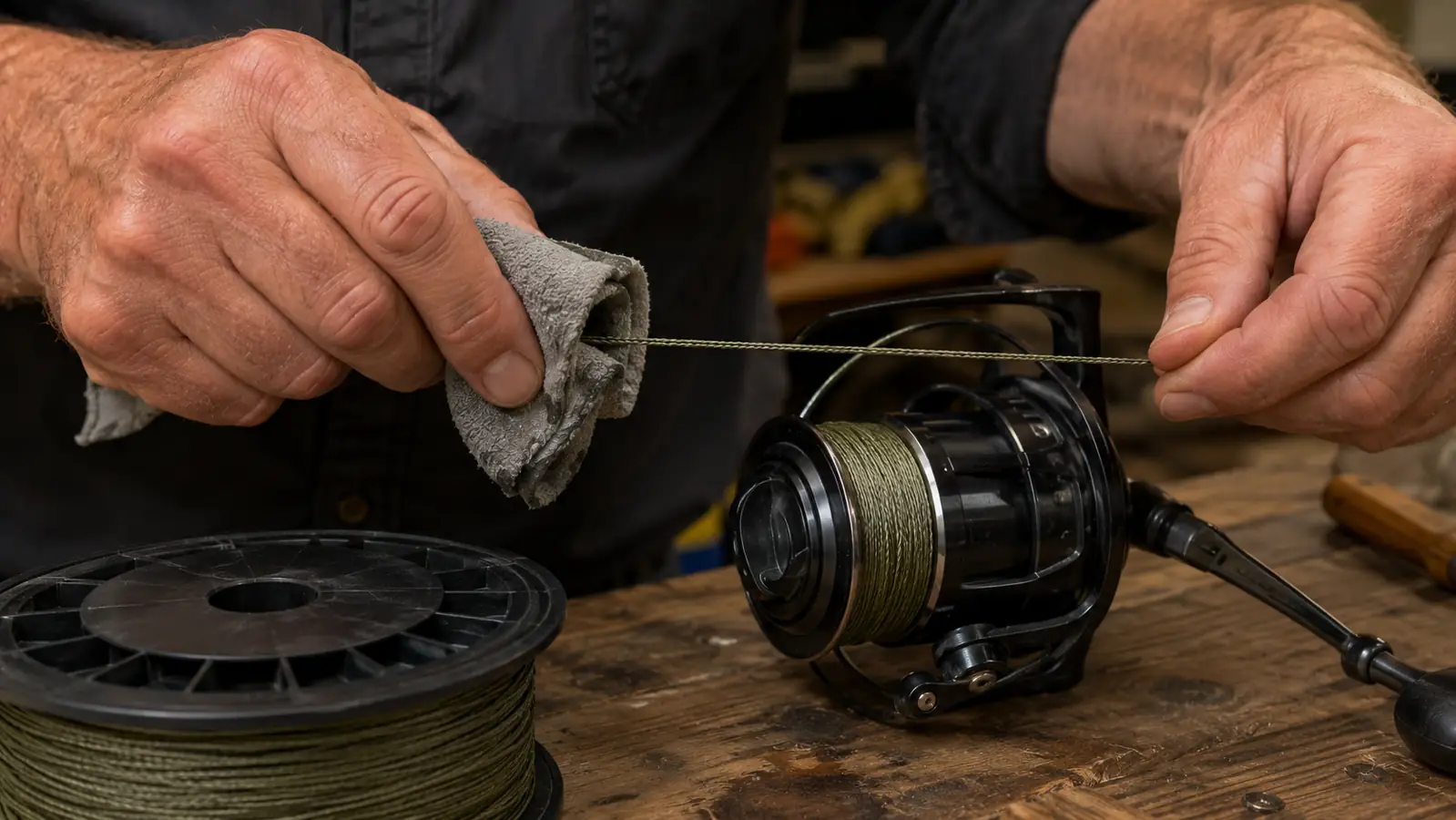 Hands pinching braided line through a folded damp cloth as it runs onto a spinning reel