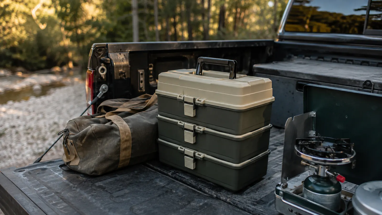 A three-tray tackle box riding in the bed of a pickup truck beside a camp stove and a canvas duffel at a river access in late afternoon light