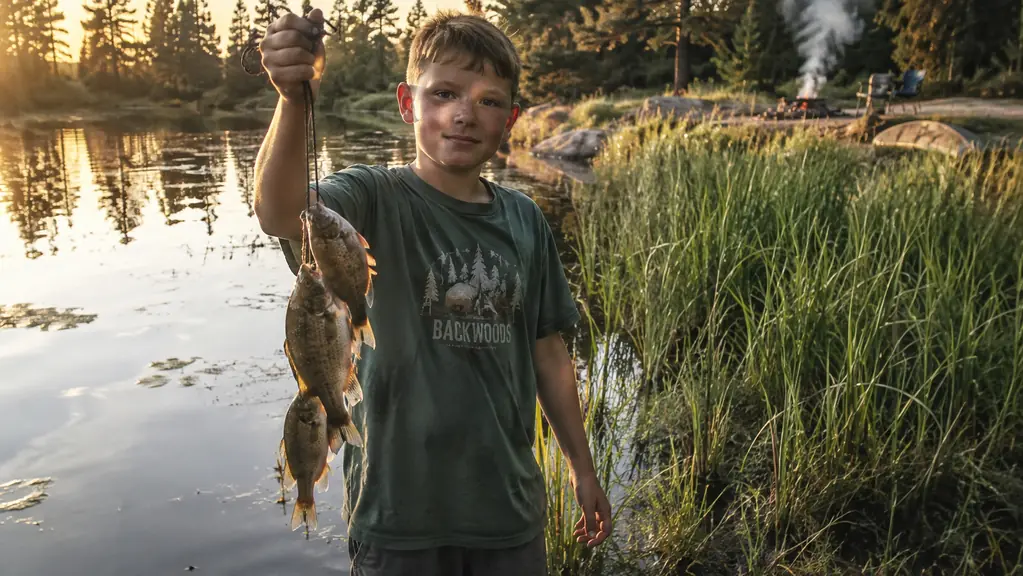 Young boy holding a stringer of bluegill beside a pond at golden hour