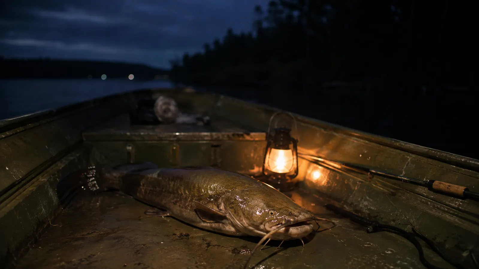 A large catfish lying in the bottom of a jon boat lit by a lantern at night, dark timber silhouettes behind